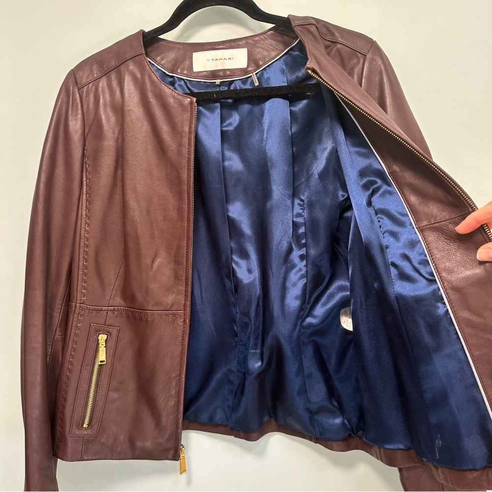 T Tahari dark chocolate brown 100% lamb leather jacket, size Large - Picture 5 of 7